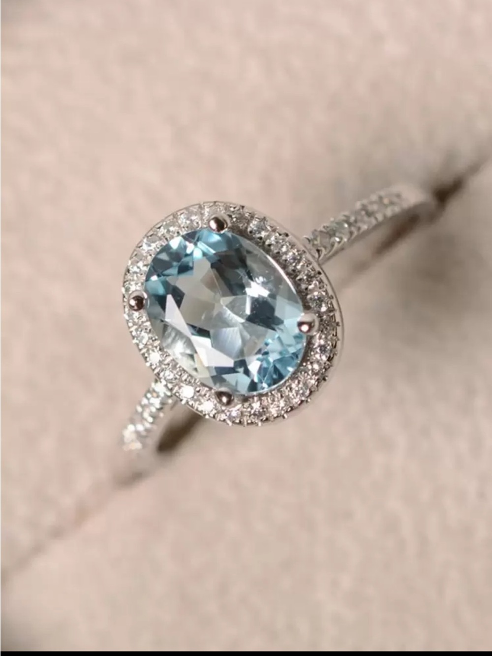 Oval Blue Stone Halo Surround Ring 6